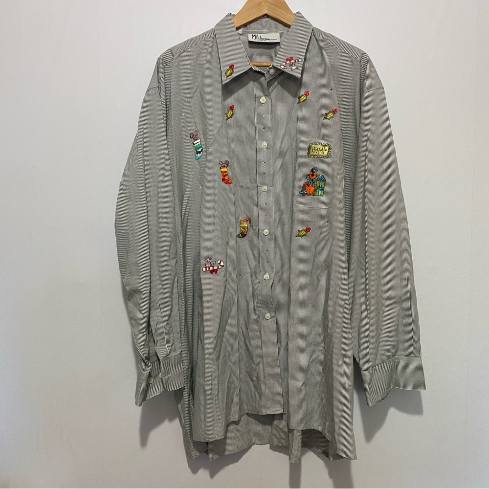 MiLi Designs 2X Christmas Holiday Shirt | Embroidered Striped Button Up Shirt